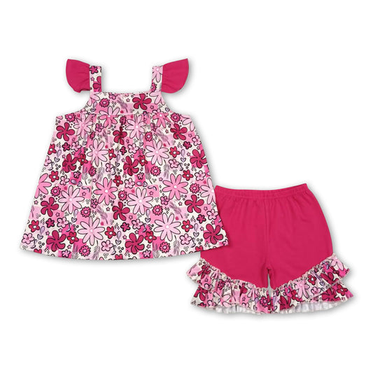 Flutter sleeves floral tunic ruffle shorts girls summer set