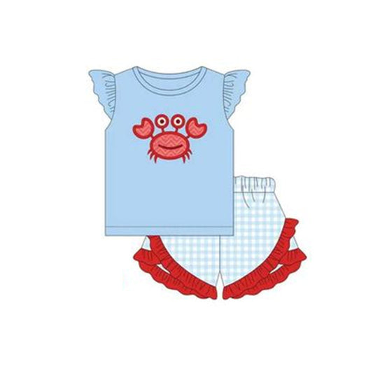 MOQ 3 pcs Crab top plaid ruffle shorts kids girls summer outfits