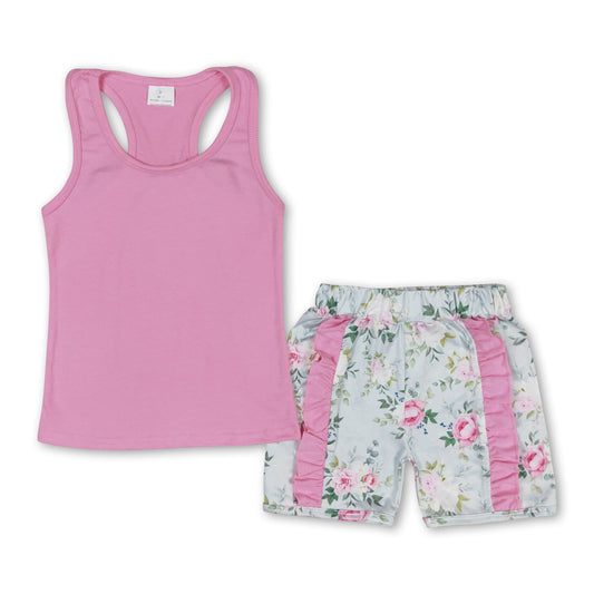 Sleeveless pink top floral ruffle shorts girls summer clothes