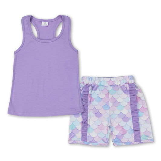 Sleeveless lavender top mermaid scale shorts girls summer clothes