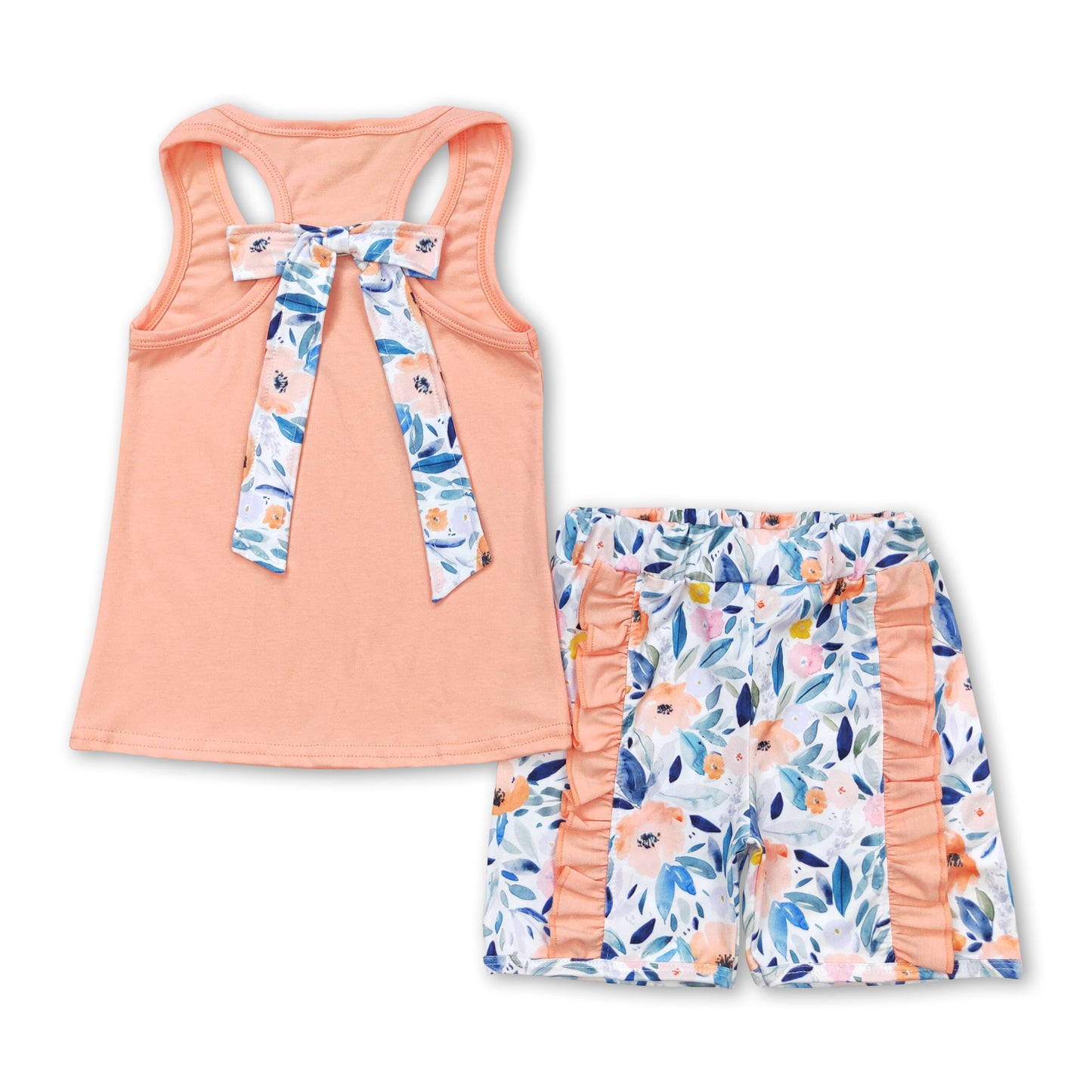 Sleeveless peach top floral ruffle shorts girls summer clothes