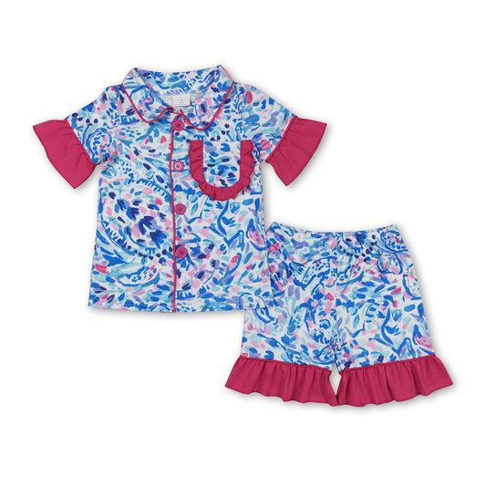 Ruffle short sleeves watercolor kids girls button down pajamas