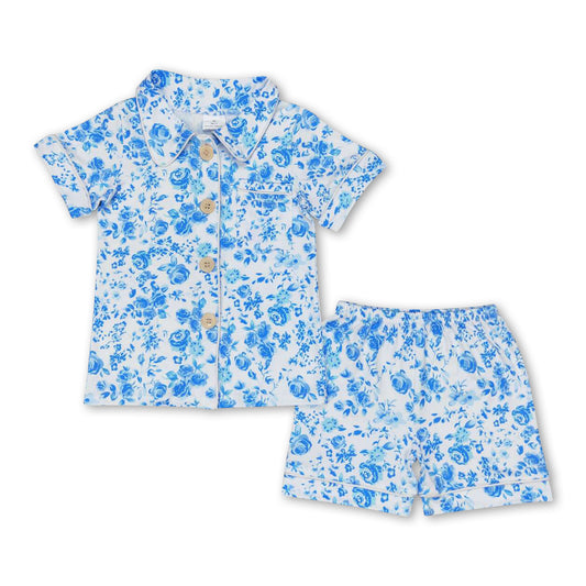 Blue floral short sleeves girls button down pajamas