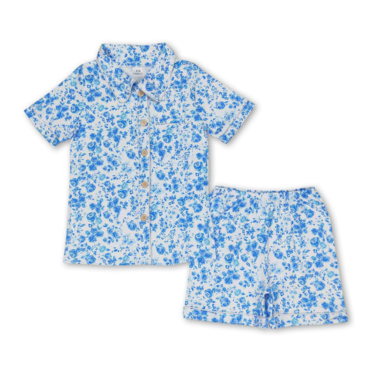 Short sleeves blue floral adult women button down pajamas