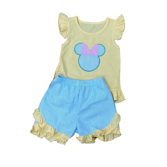 Yellow flutter sleeves mouse top shorts girls clothes