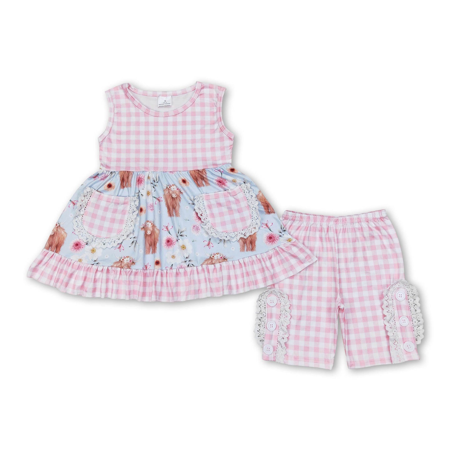 Sleeveless pink plaid highland cow girls summer outfits