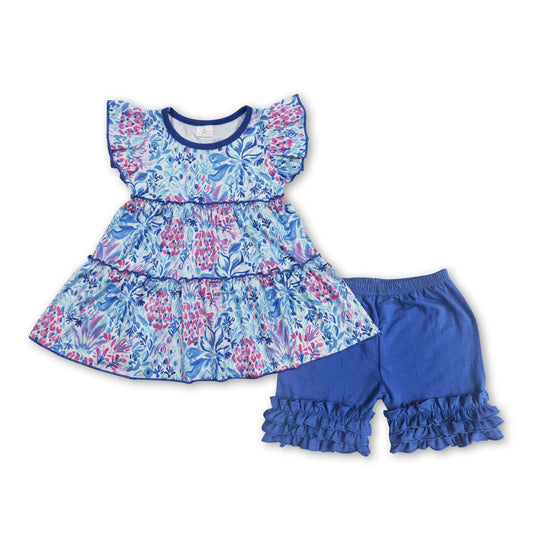 Watercolor floral tunic blue shorts girls spring set
