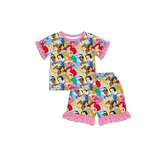 MOQ 3 Short sleeves ruffle princess kids girls summer pajamas