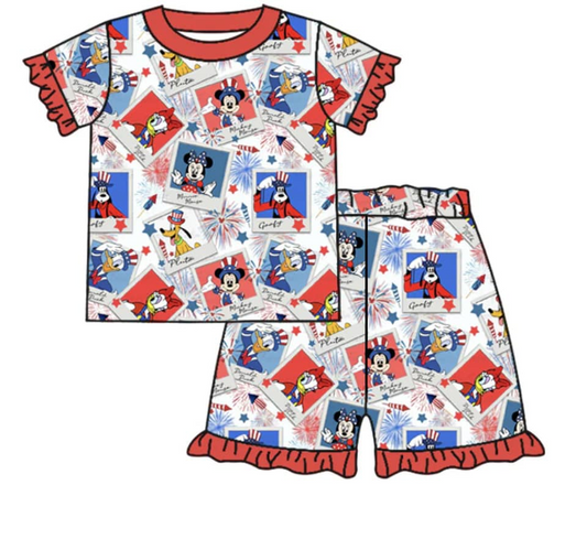 Red ruffle duck mouse firework girls 4th of july pajamas