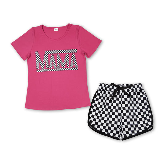 Hot pink mama top black plaid shorts adult women set