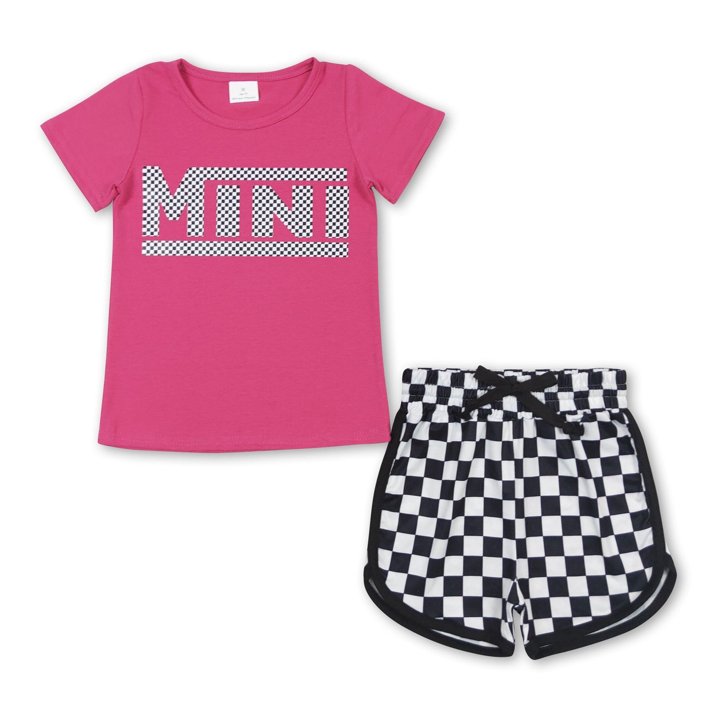 Hot pink mini shirt plaid shorts girls clothing set