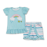 Short sleeves rainbow top stripe shorts girls summer clothes