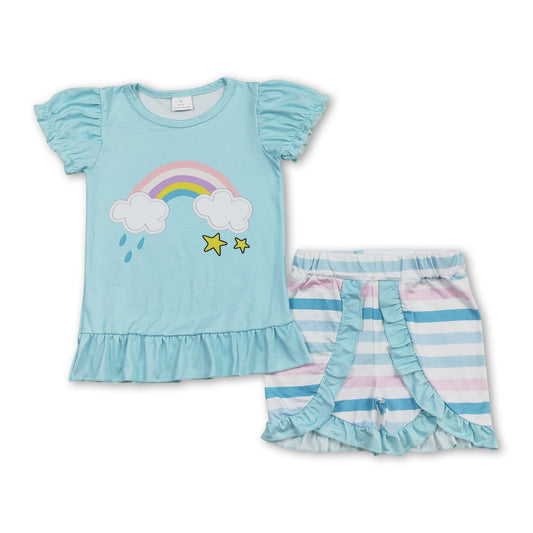 Short sleeves rainbow top stripe shorts girls summer clothes