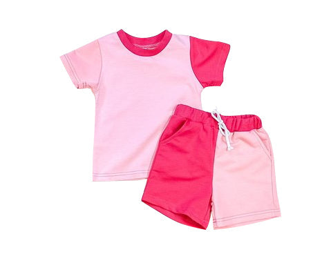 Short sleeves hot pink patchwork girls summer clothes