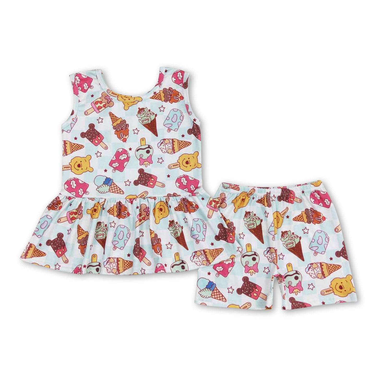 Sleeveless bear ice cream peplum shorts kids girls clothes