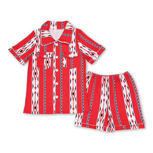 Short sleeves red aztec adult women button down pajamas