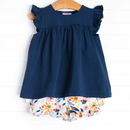 Flutter sleeves navy top floral shorts girls clothes