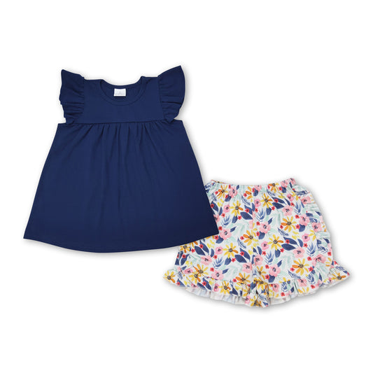 Flutter sleeves navy top floral shorts girls clothes