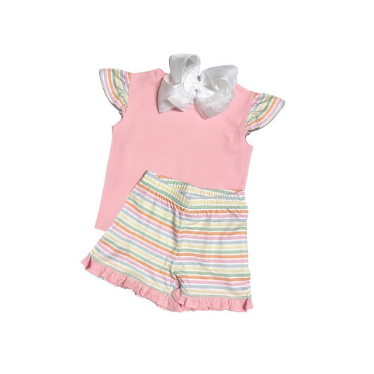 Flutter sleeves pink top stripe shorts girls clothes