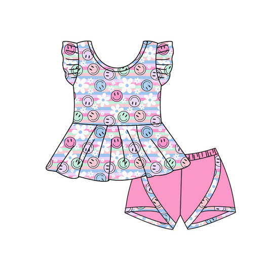 Flutter sleeves stripe smile floral peplum shorts girls clothes