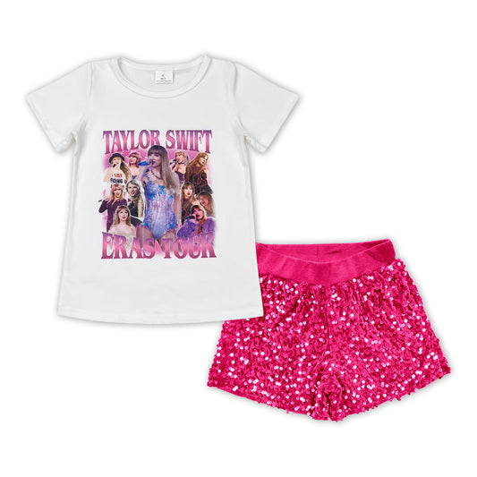 White top hot pink sequin shorts singer girls outfits