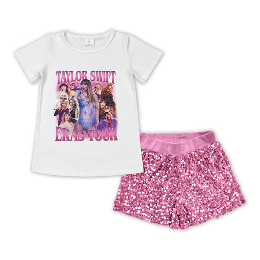 White top pink sequin shorts singer girls outfits
