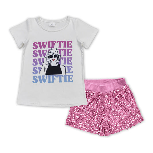 Letters top pink sequin shorts singer girls outfits
