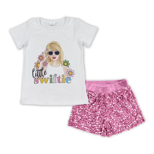 Floral top pink sequin shorts singer girls outfits