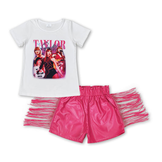 White top hot pink tassels leather shorts singer girls set