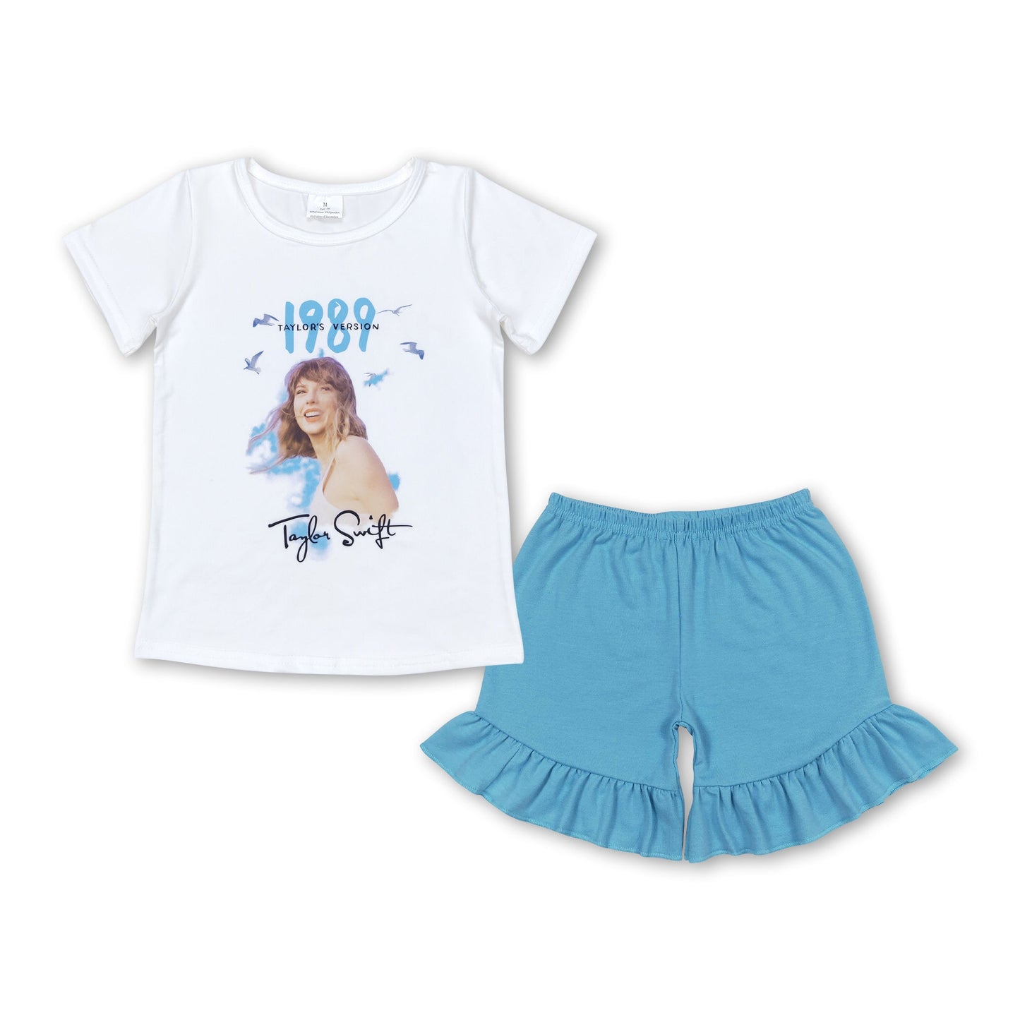 White top light blue ruffle cotton shorts singer girls set