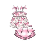 Straps bow floral tunic plaid shorts girls summer clothes