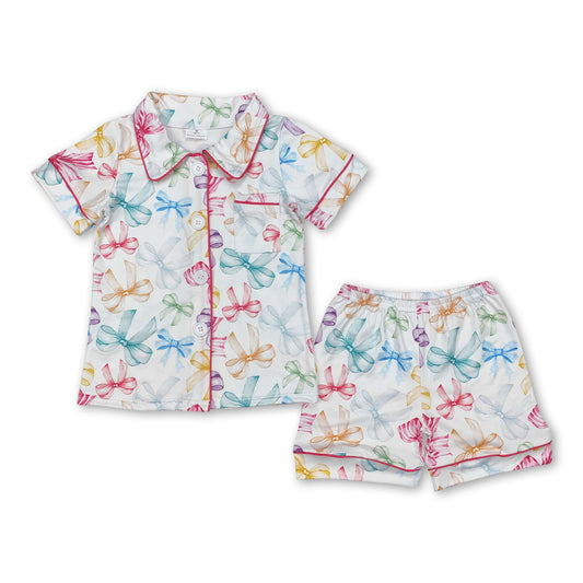 Short sleeves multi color bow kids girls button down pajamas