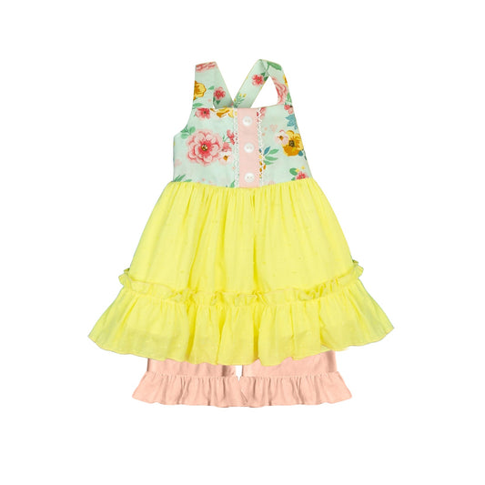 Straps yellow ruffle floral tunic shorts girls summer clothes