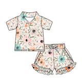 Short sleeves floral button down ruffle girls pajamas
