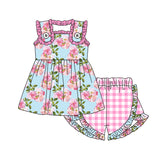 Sleeveless floral tunic plaid ruffle shorts girls clothing set