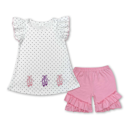 Polka dots flutter sleeves shoes top ruffle shorts girls clothes