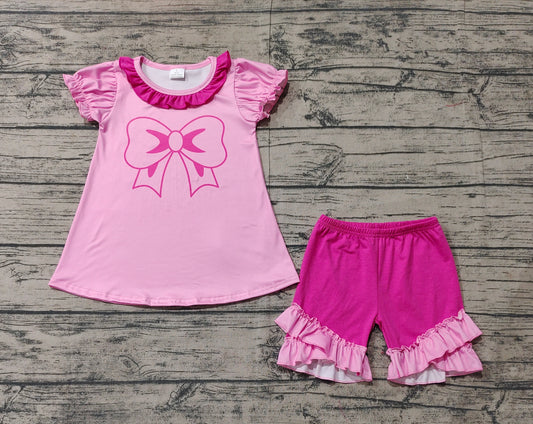 Pink bow short sleeves tunic ruffle shorts girls clothes