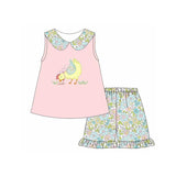 Sleeveless pink chicken floral top ruffle shorts girls clothes