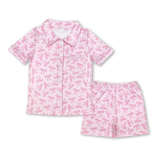 Pink bows adult women summer button down pajamas