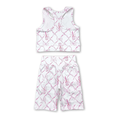 Straps pink bow floral top shorts girls yoga clothes