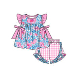 Flutter sleeves pink floral tunic plaid shorts girls clothes
