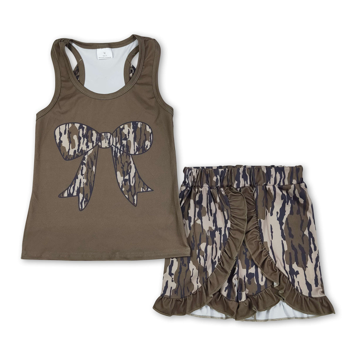 Sleeveless bow top ruffle bottomland camo shorts girls clothes