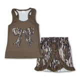 Sleeveless bow top ruffle bottomland camo shorts girls clothes