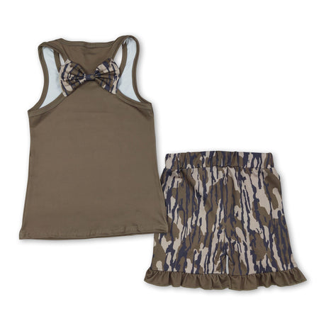 Sleeveless bow top ruffle bottomland camo shorts girls clothes