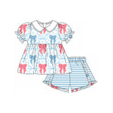 Short sleeves bow tunic stripe ruffle shorts girls clothes