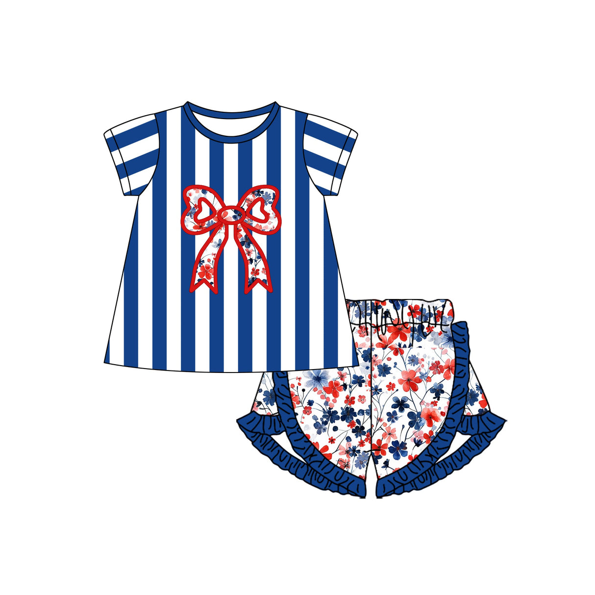 Short sleeves blue stripe floral bow top shorts girls clothes