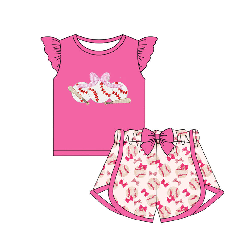 Pink flutter sleeves baseball bow top shorts girls clothes