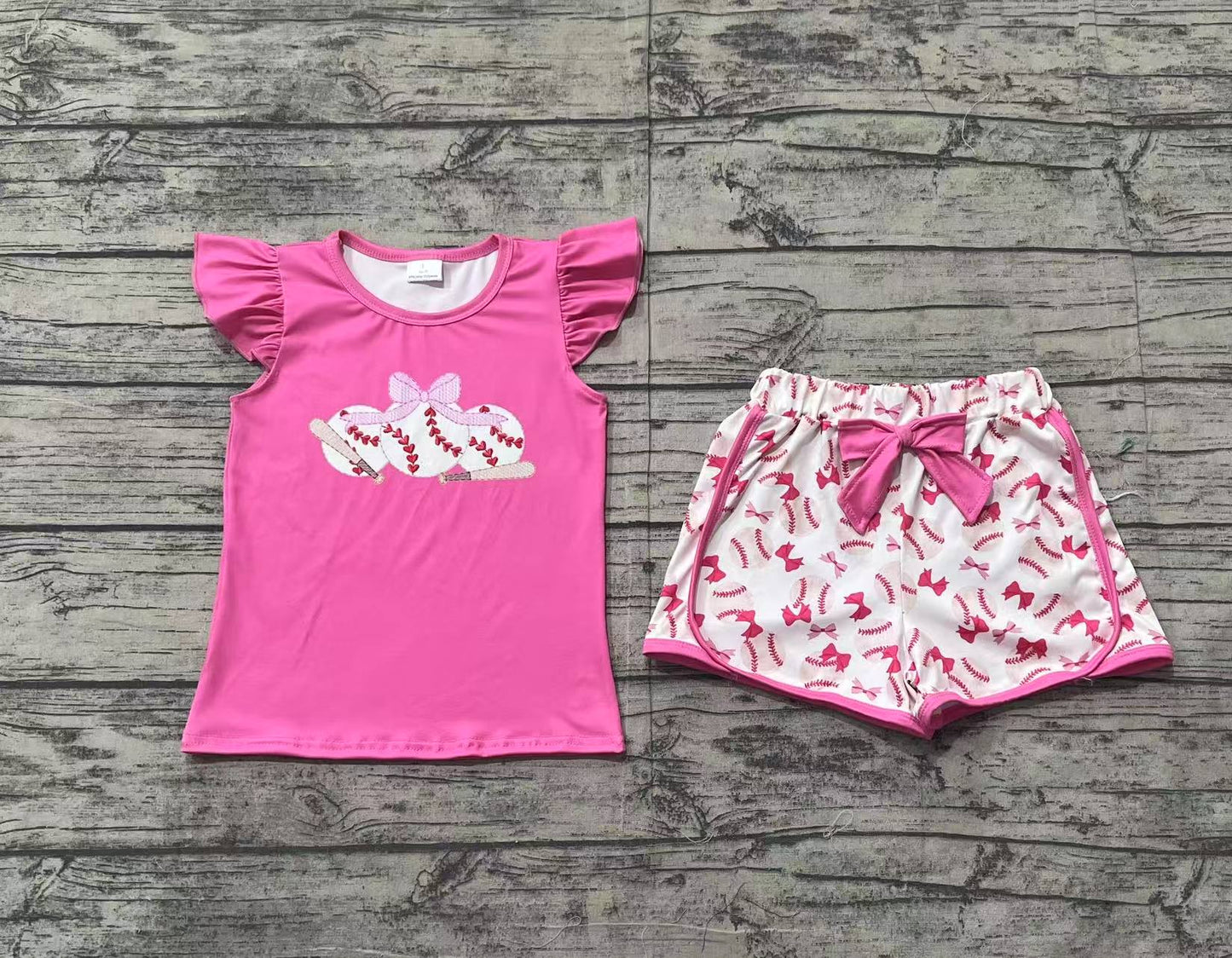 Pink flutter sleeves baseball bow top shorts girls clothes