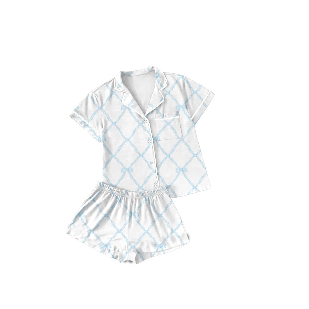 Short sleeves light blue bow adult women button down pajamas