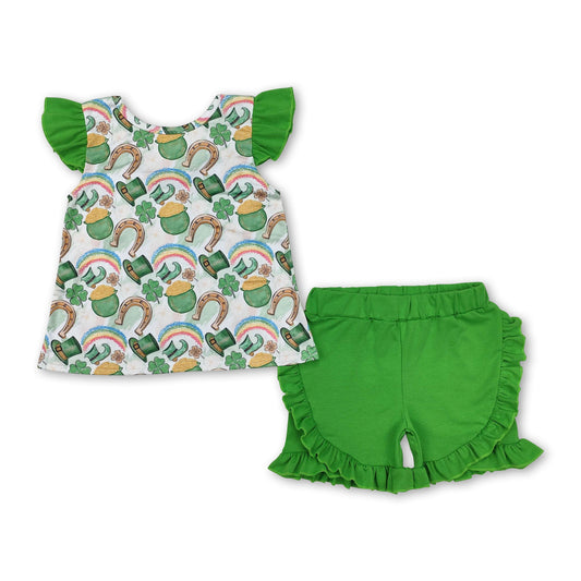 Green bow flutter sleeves tunic shorts girls St Patrick's clothes